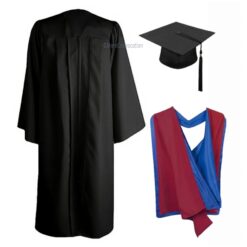 ''Black Graduation Gown with Maroon and Royal Blue Hood''>