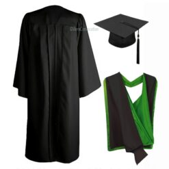 ''Black Matte Graduation Gown with Black and Green Hood''>
