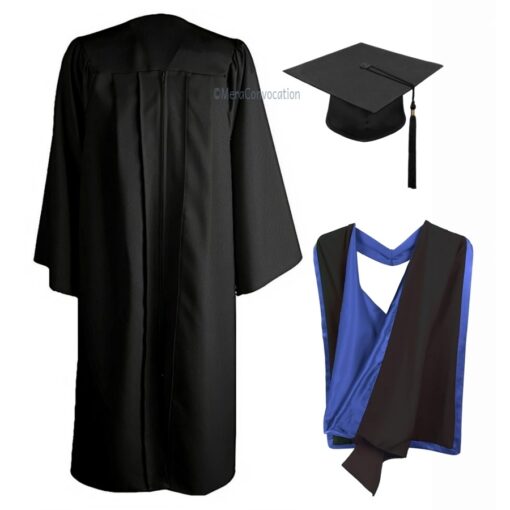 ''Black Matte Graduation Gown with Black and Royal Blue Hood''>