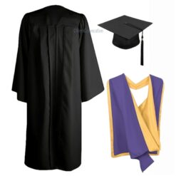 ''Black Matte Graduation Gown with Purple and Yellow Hood''>