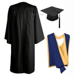 ''Black Matte Graduation Gown with Royal Blue and Yellow Hood''>