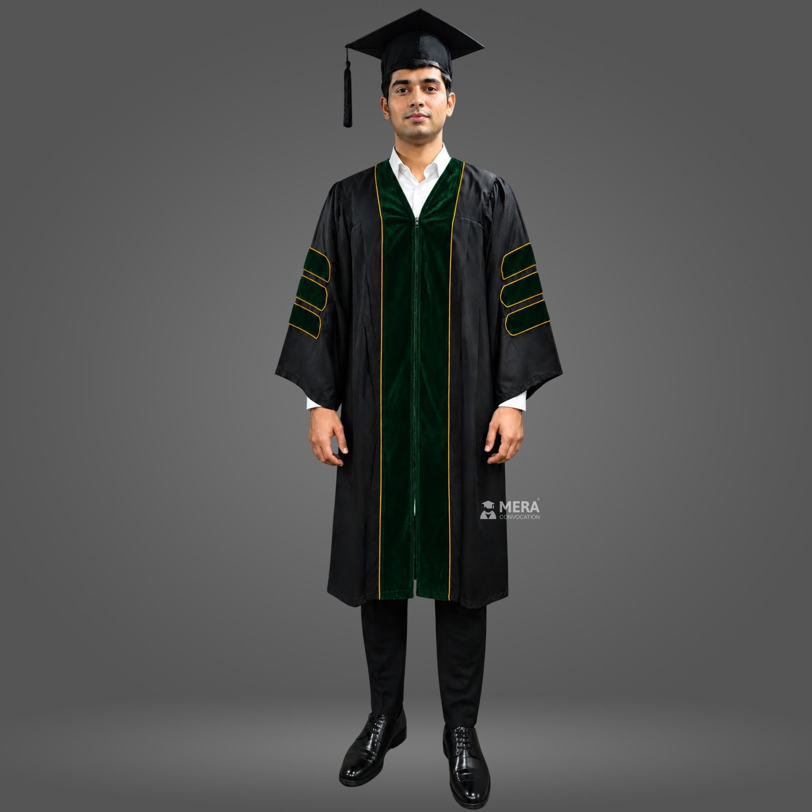 Black Doctoral Graduation Gown with Bottle Green Velvet Border Black Doctoral Graduation Gown with Bottle Green Velvet Border