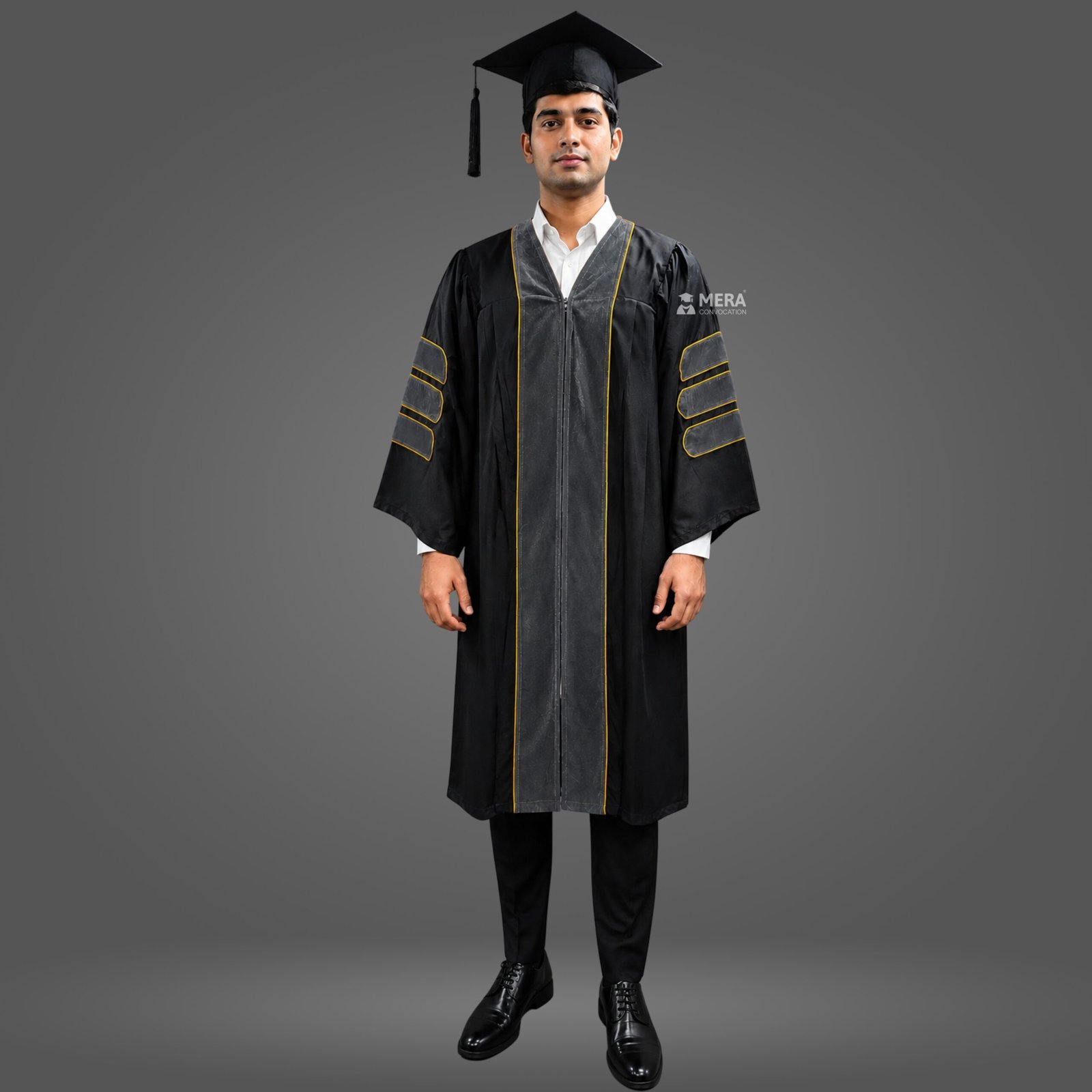Black Doctoral Graduation Gown with Dark Grey Velvet Border Black Doctoral Graduation Gown with Dark Grey Velvet Border