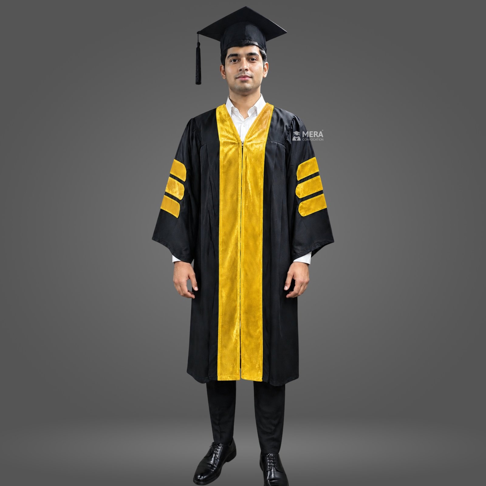 Black Doctoral Graduation Gown with Golden Velvet Border Black Doctoral Graduation Gown with Golden Velvet Border