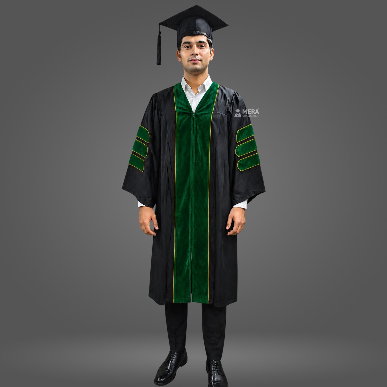 Black Doctoral Graduation Gown with Green Velvet Border Black Doctoral Graduation Gown with Green Velvet Border