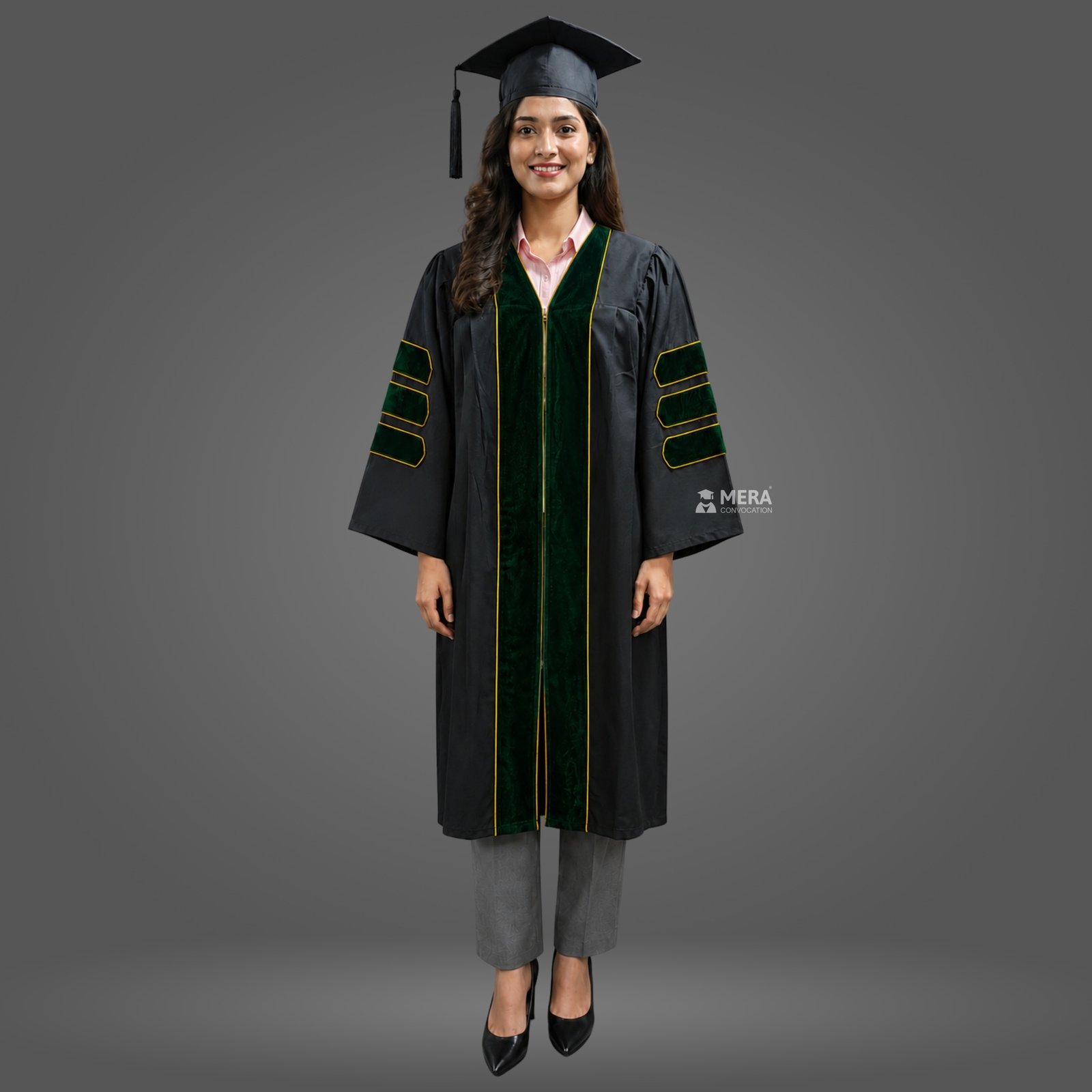 Black PhD Graduation Gown with Bottle Green Velvet Border Black PhD Graduation Gown with Bottle Green Velvet Border