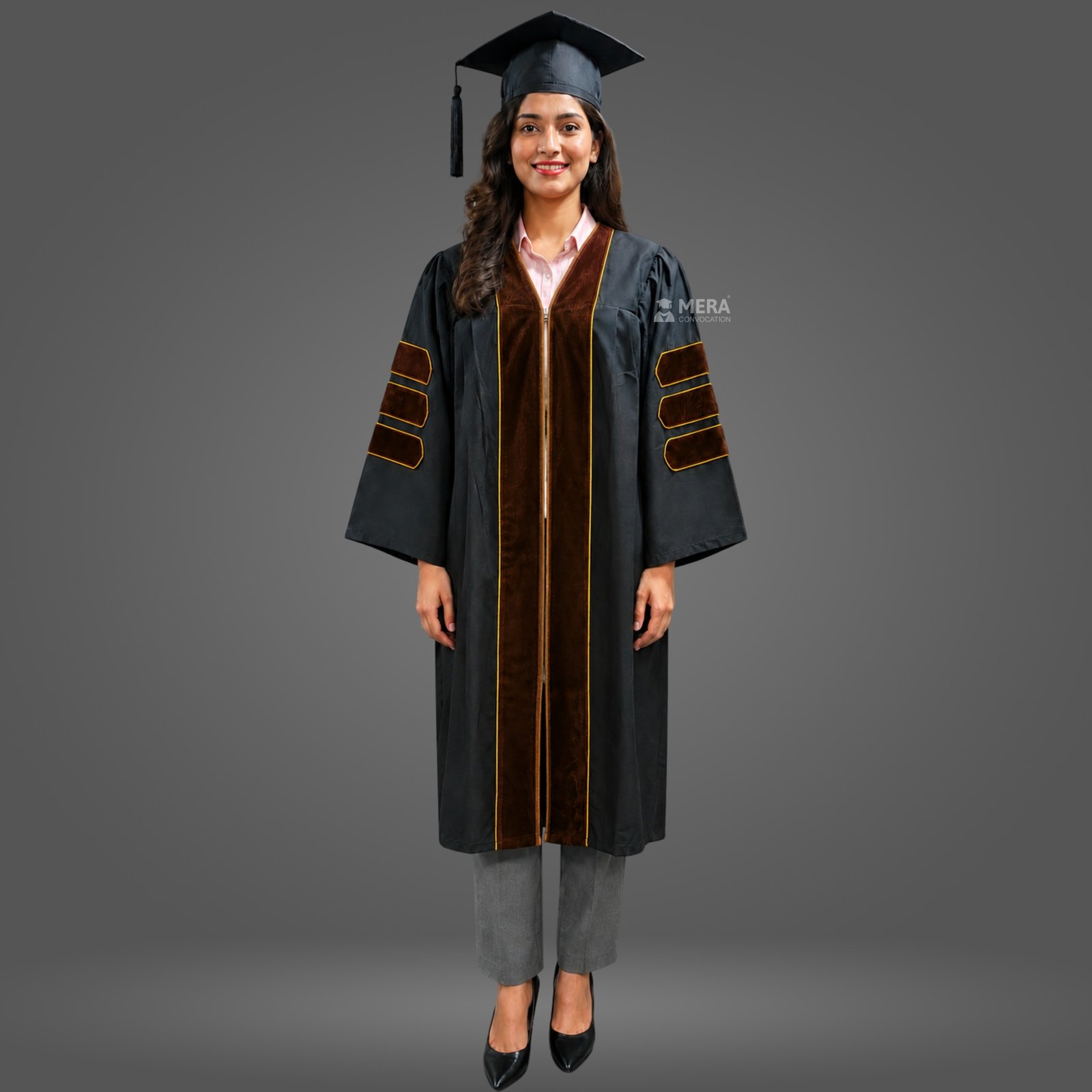 Black PhD Graduation Gown with Brown Velvet Border Black PhD Graduation Gown with Brown Velvet Border