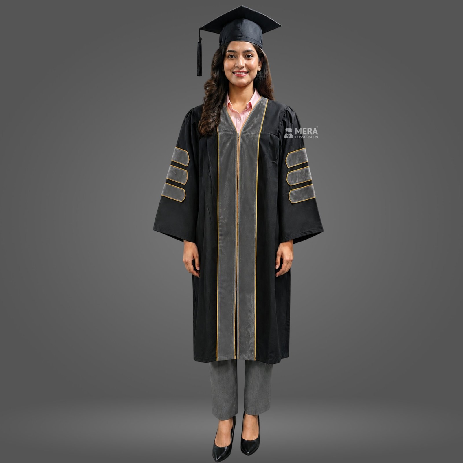 Black PhD Graduation Gown with Dark Grey Velvet Border Black PhD Graduation Gown with Dark Grey Velvet Border