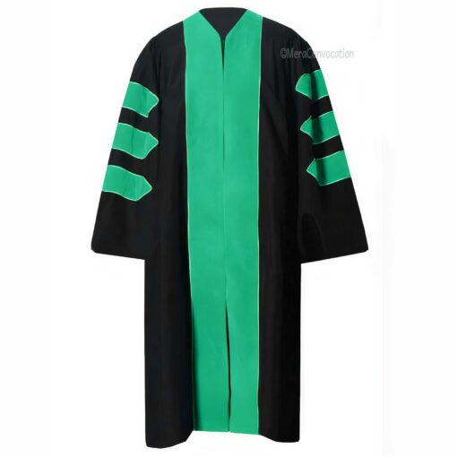 ''Black PhD Graduation Gown with Emerald Green Velvet Border''>