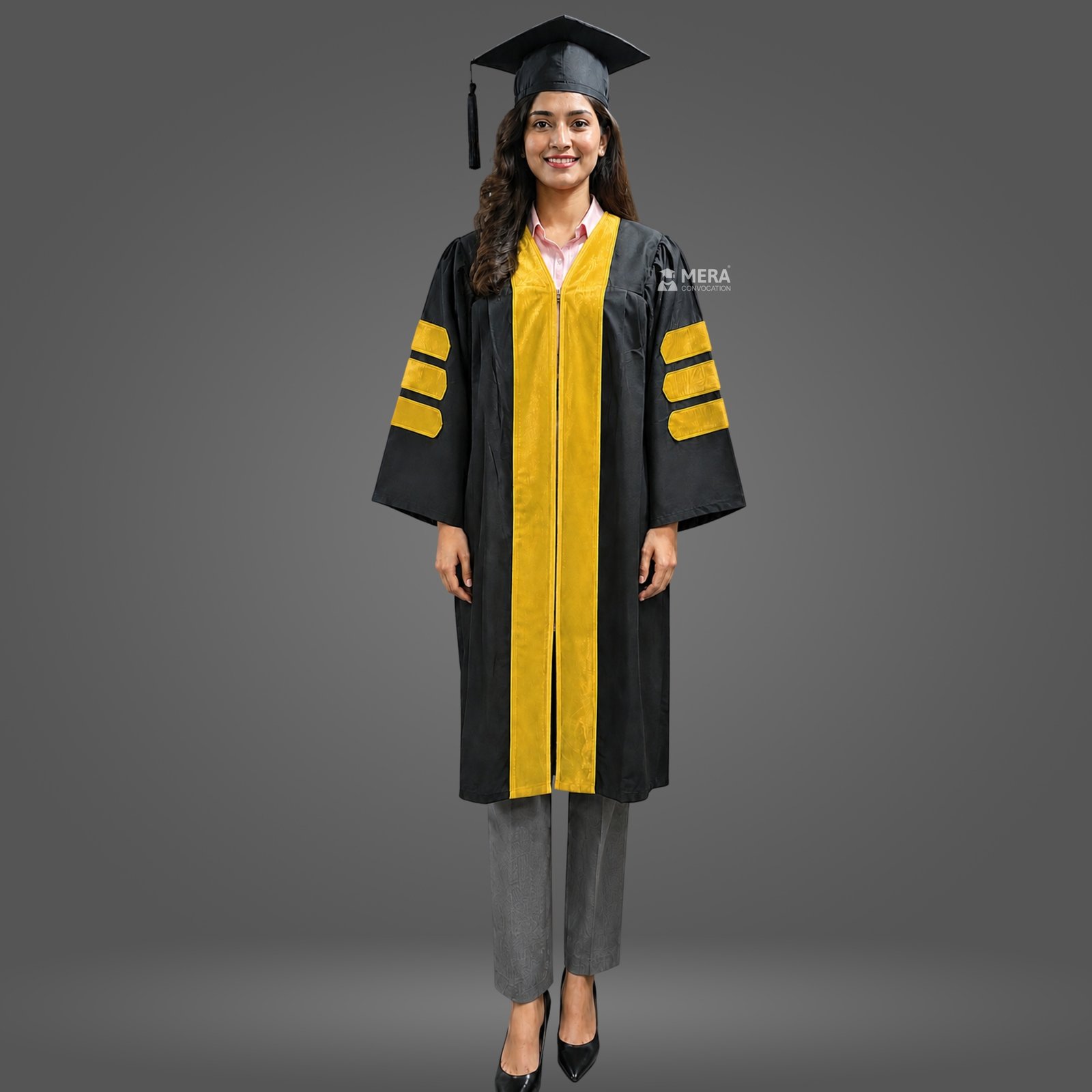 Black PhD Graduation Gown with Golden Velvet Border Black PhD Graduation Gown with Golden Velvet Border