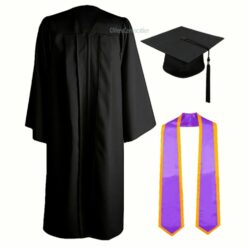 ''Black Matte Zipper Graduation Gown and Lavender Stole with Yellow Piping''>