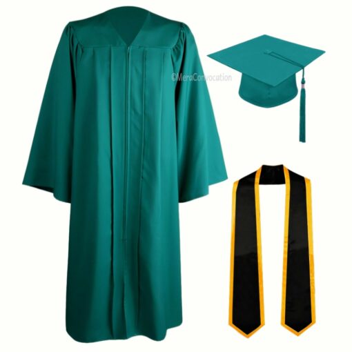 ''Emerald Green Zipper Graduation Gown with Black Stole and Yellow Piping''>