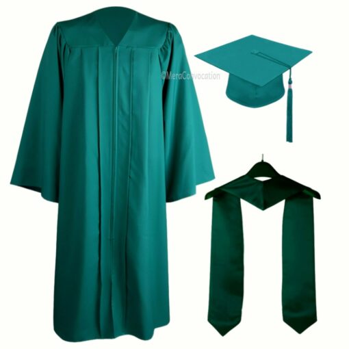 ''Emerald Green Zipper Graduation Gown with Bottle Green Stole''>