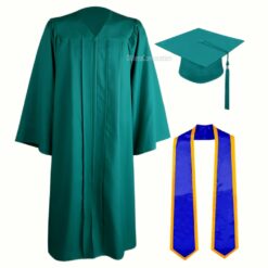 ''Emerald Green Zipper Graduation Gown with Royal Blue Stole and Yellow Piping''>