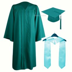 ''Emerald Green Zipper Graduation Gown with Sky Blue Stole''>