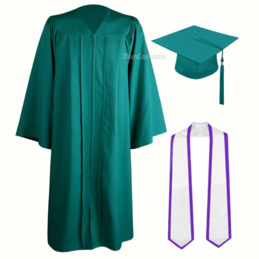 ''Emerald Green Zipper Graduation Gown with White Stole and Purple Piping''>