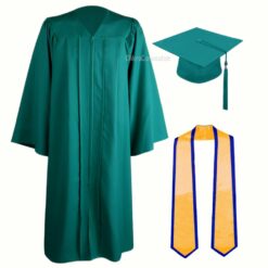 ''Emerald Green Zipper Graduation Gown with Yellow Stole and Blue Piping''>