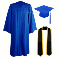 ''Royal Blue Zipper Graduation Gown with Black Stole and Yellow Piping''>