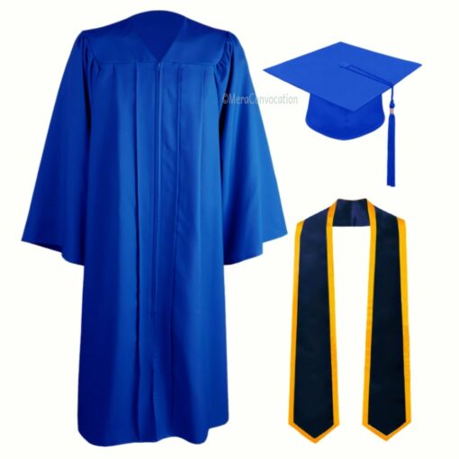 ''Royal Blue Zipper Graduation Gown with Navy Blue Stole and Yellow Piping''>