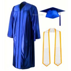 ''Royal Blue Shiny Convocation Gown and Cap with White Stole and Yellow Piping''>