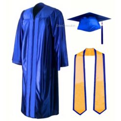 ''Royal Blue Shiny Convocation Gown and Cap with Yellow Stole and Blue Piping''>