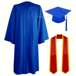 ''Royal Blue Zipper Graduation Gown with Red Stole and Yellow Piping''>