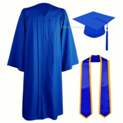 ''Royal Blue Zipper Graduation Gown with Royal Blue Stole and Yellow Piping''>