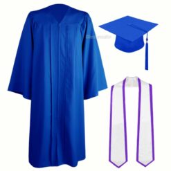 ''Royal Blue Zipper Graduation Gown with White Stole and Lavender Piping''>