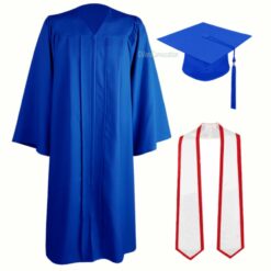 ''Royal Blue Zipper Graduation Gown with White Stole and Red Piping''>