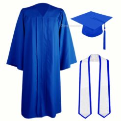 ''Royal Blue Zipper Graduation Gown with White Stole and Royal Blue Piping''>