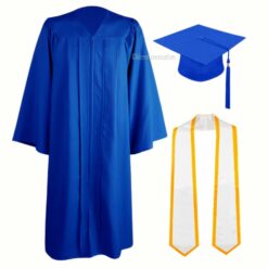 ''Royal Blue Zipper Graduation Gown with White Stole and Yellow Piping''>