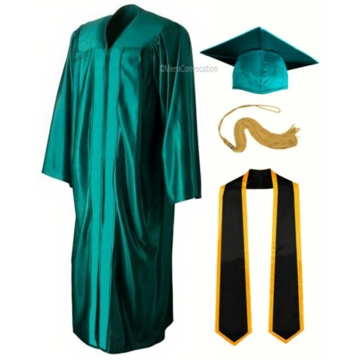 ''Emerald Green Shiny Convocation Gown and Cap with Black Stole & Yellow Piping''>