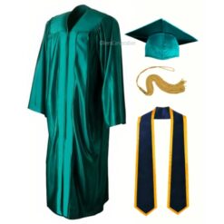 ''Emerald Green Shiny Convocation Gown and Cap with Navy Blue Stole & Yellow Piping''>
