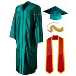 ''Emerald Green Shiny Convocation Gown and Cap with Red Stole & Yellow Piping''>