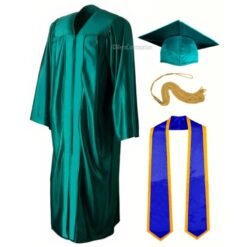 ''Emerald Green Shiny Convocation Gown and Cap with Royal Blue Stole & Yellow Piping''>