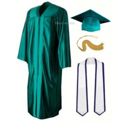 ''Emerald Green Shiny Convocation Gown and Cap with White Stole & Blue Piping''>
