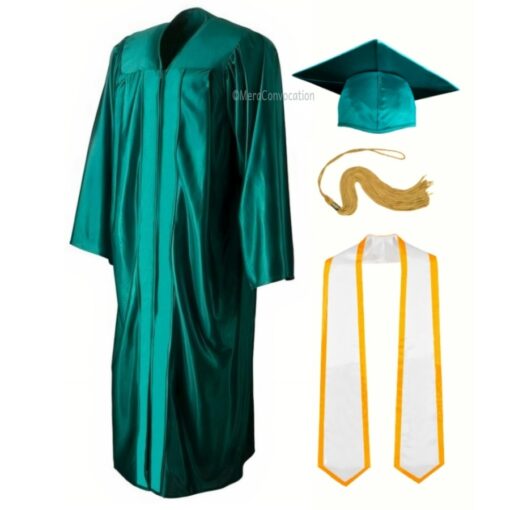 ''Emerald Green Shiny Convocation Gown and Cap with White Stole & Yellow Piping''>