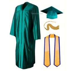 ''Emerald Green Shiny Convocation Gown and Cap with Yellow Stole & Blue Piping''>