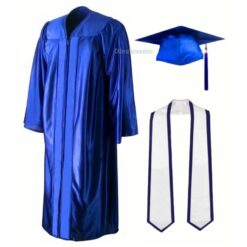 ''Royal Blue Shiny Convocation Gown and Cap with White Stole and Navy Blue Piping''>