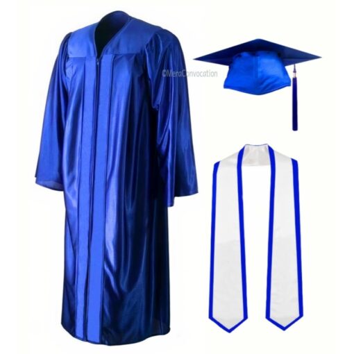 ''Royal Blue Shiny Convocation Gown and Cap with White Stole and Royal Blue Piping''>