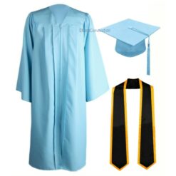 ''Sky Blue Zipper Graduation Gown with Black Stole and Yellow Piping''>