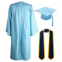 ''Sky Blue Zipper Graduation Gown with Navy Blue Stole and Yellow Piping''>