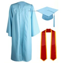 ''Sky Blue Zipper Graduation Gown with Red Stole and Yellow Piping''>