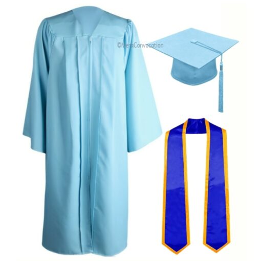 ''Sky Blue Zipper Graduation Gown with Royal Blue Stole and Yellow Piping''>