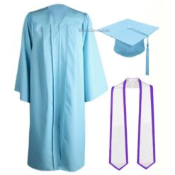 ''Sky Blue Zipper Graduation Gown with White Stole and Lavender Piping''>
