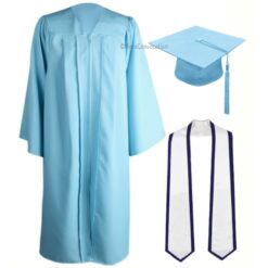 ''Sky Blue Zipper Graduation Gown with White Stole and Navy Blue Piping''>