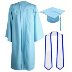 ''Sky Blue Zipper Graduation Gown with White Stole and Royal Blue Piping''>