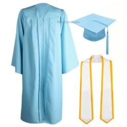 ''Sky Blue Zipper Graduation Gown with White Stole and Yellow Piping''>