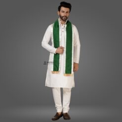 ''White Kurta Pajama and Green Cotton Sash with White Border''>