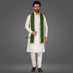 ''White Kurta Pajama and Green Cotton Stole with Golden Border''>